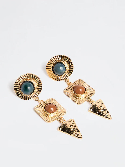 Blue & Brown Geometric Gold Drop Earrings