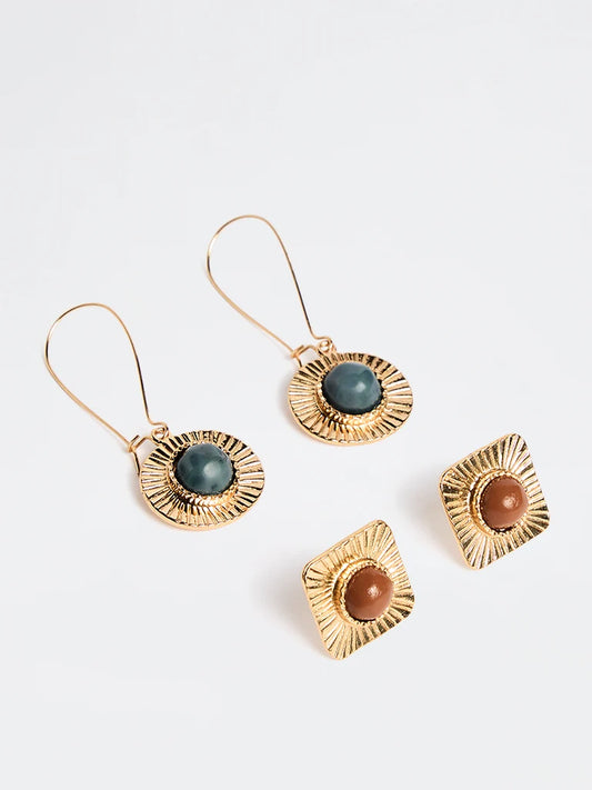 Blue & Brown Geometric Gold Drop Earrings Set