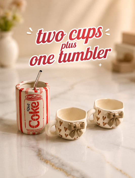 Brown Bow Polka Mug Set + coke Tumbler