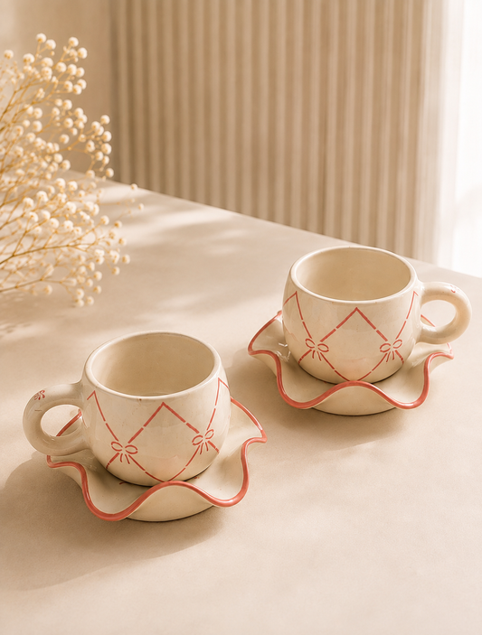 Pink Ribbon Bow Ceramic Cup Set