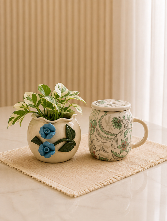 Blue Floral Ceramic Planter & Printed Mug Combo