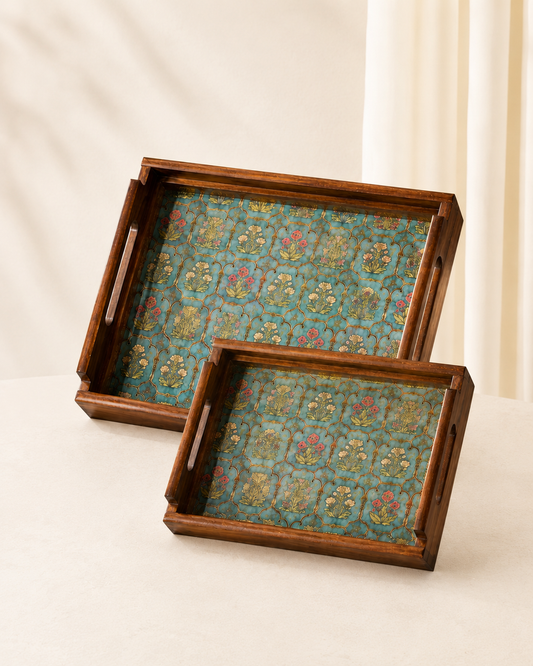 Vintage Floral Wooden Serving Trays - Set of 2