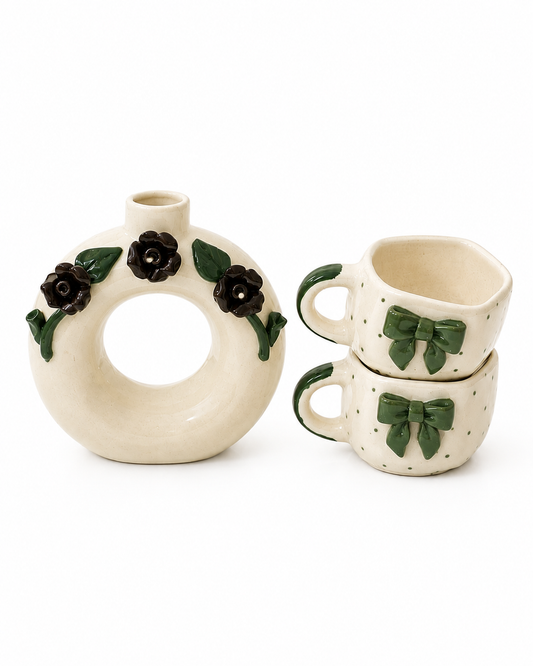 Green Bow Mug & Green Ceramic Ring Planter Set