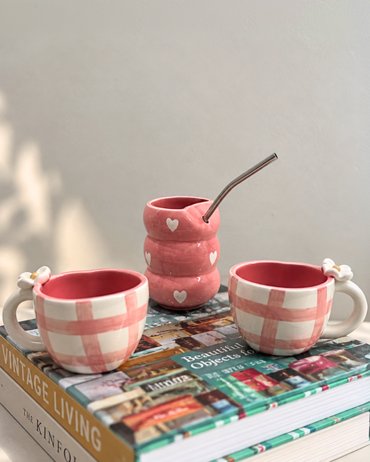 Pink Check Daisy Cup Set + Pink Tumbler