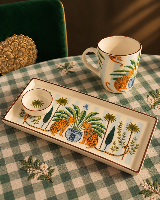 Cheetah Ceramic Cup, Platter & Dip Bowl Set