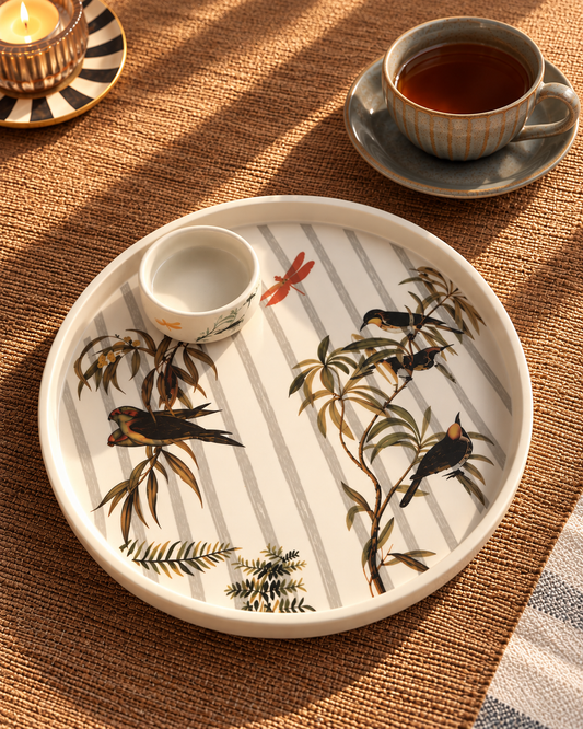 Botanical Bird Print Ceramic Platter & Cup Set