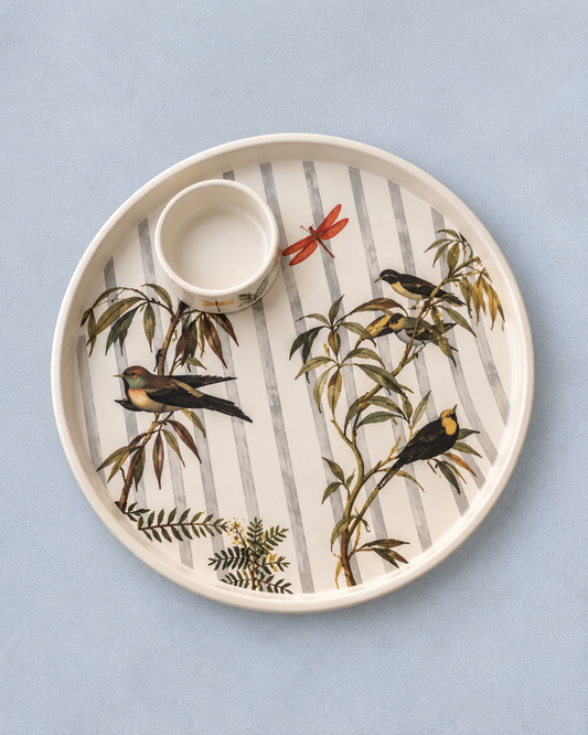 Botanical Bird Print Ceramic Platter & Cup Set