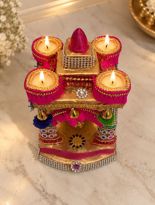 Handcrafted Terracotta Mandir with Decorative Diyas