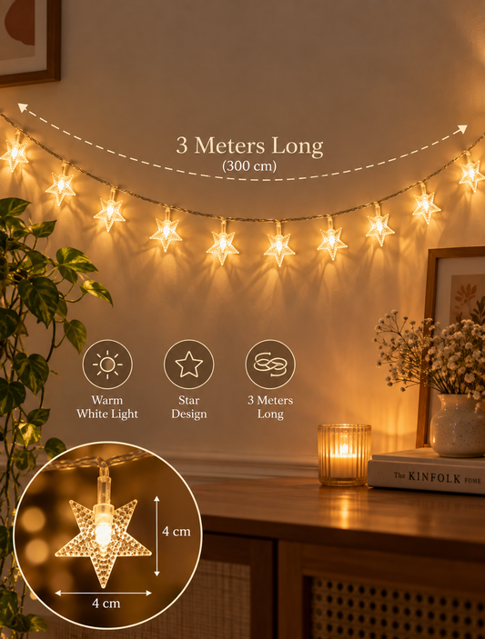 Star LED Fairy Lights – Warm White Decorative String Lights (3 Metres)