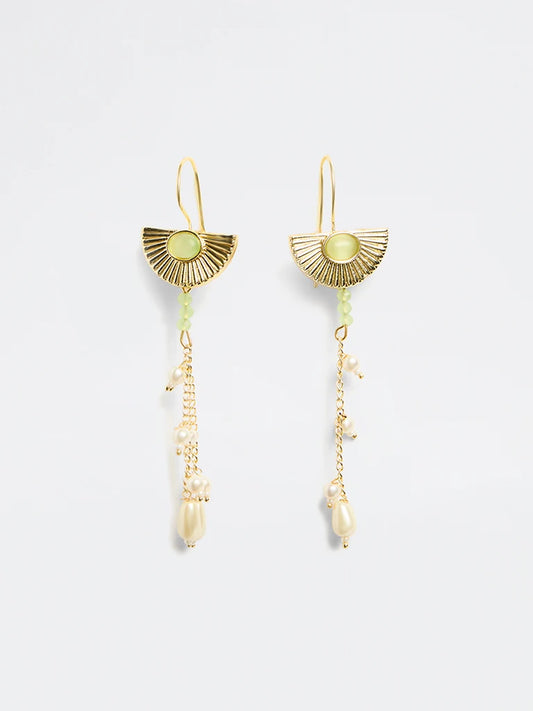 Green Pearl Chain Drop Earrings
