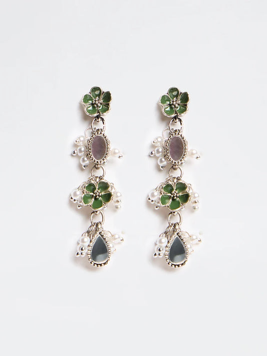 Green Floral Pearl Drop Earrings