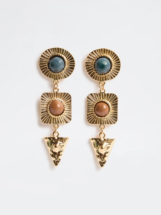 Blue & Brown Geometric Gold Drop Earrings