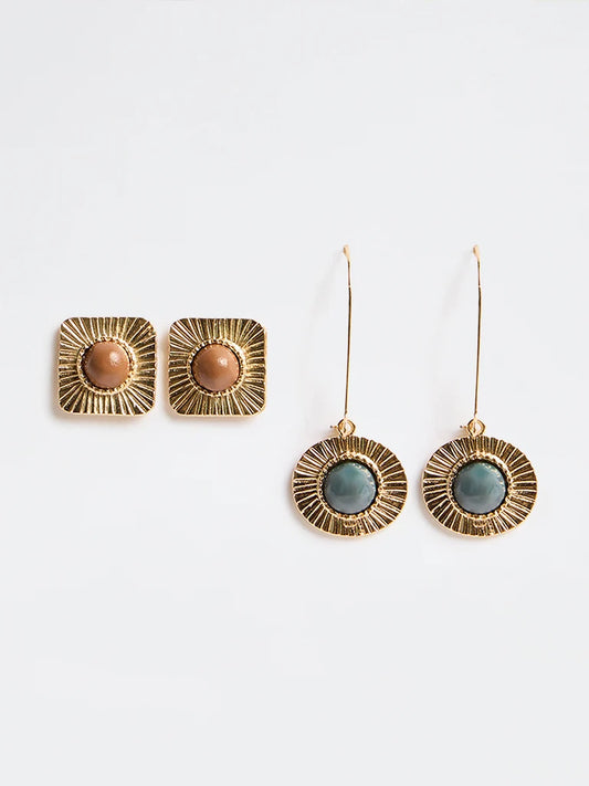 Blue & Brown Geometric Gold Drop Earrings Set