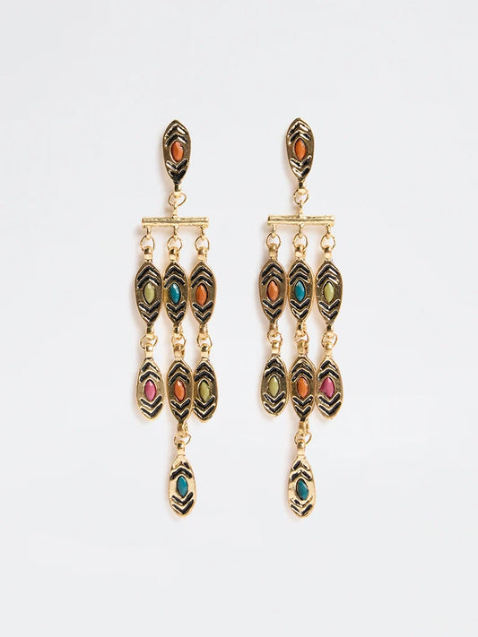 Gold Stone-Detail Statement Dangler Earrings