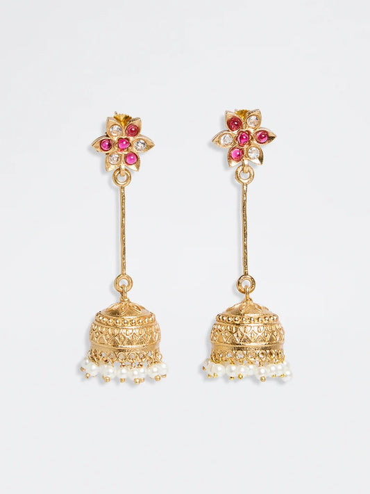 Gold Floral Design Pearl-Detail Jhumki Earrings