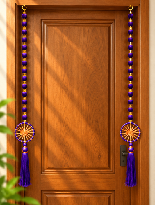 Purple Beaded Door Hanging with Golden Accents and Tassels for Diwali Decoration - Set of 2