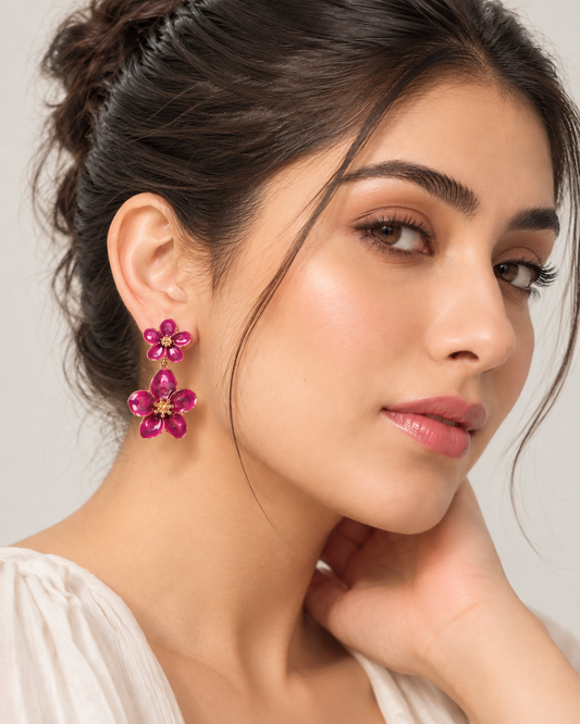 Pink Floral Statement Drop Earrings