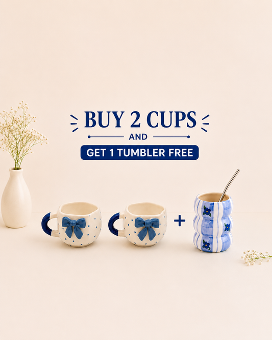 Blue Bow Polka Mug Set + Free Tumbler