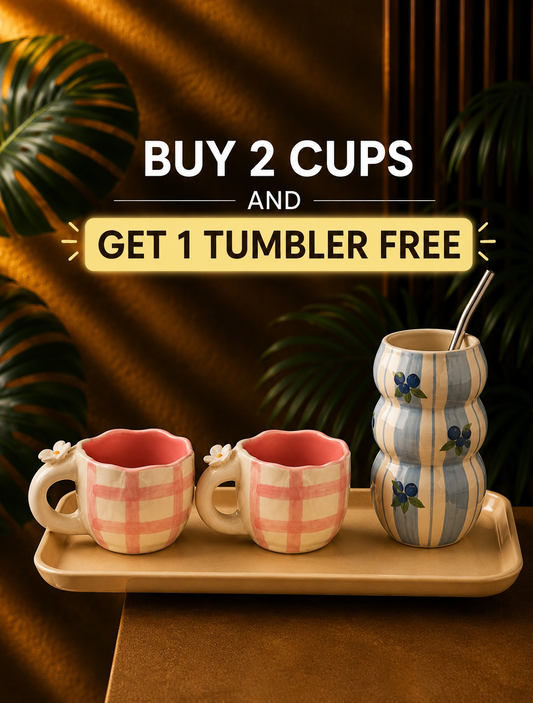 Pink Check Daisy Mug Set + Free tumbler