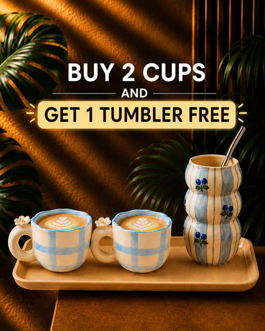 Blue Check Daisy Mug Set + Free tumbler
