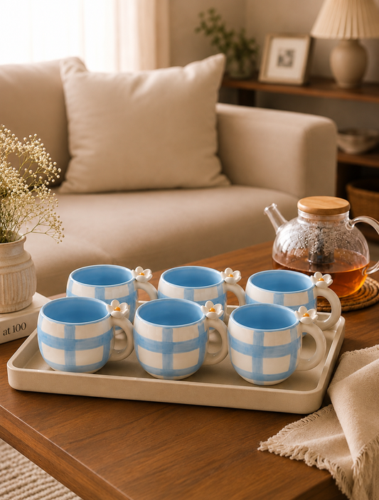 Blue Check Daisy Mug Set of 6