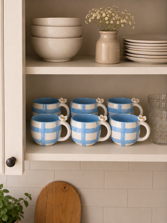 Blue Check Daisy Mug Set of 6