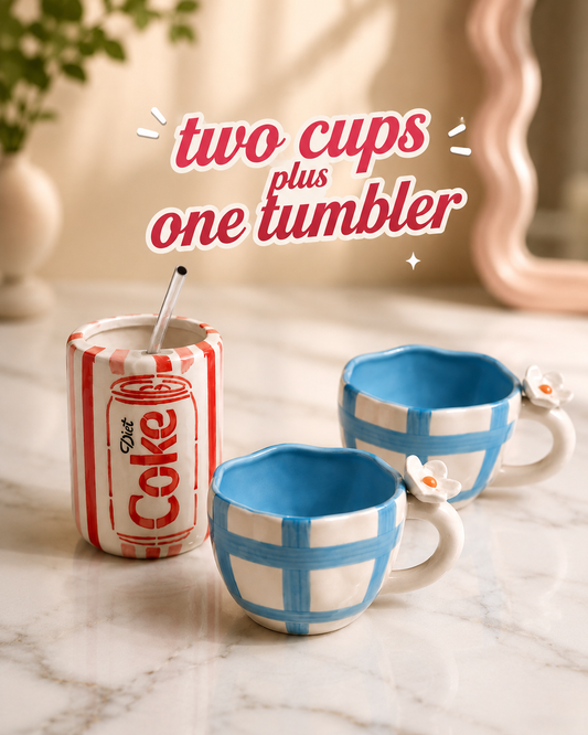 Blue Check Daisy Mug Set + Coke tumbler