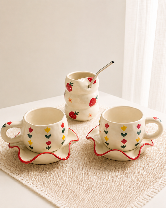 Floral Ceramic Cup Set + Free Strawberry Tumbler