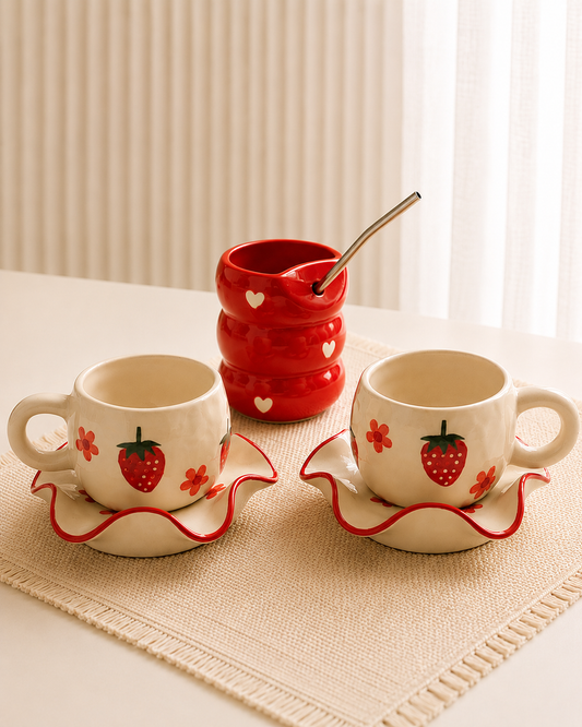 Strawberry Heart Ceramic Cup Set + Red Heart Tumbler