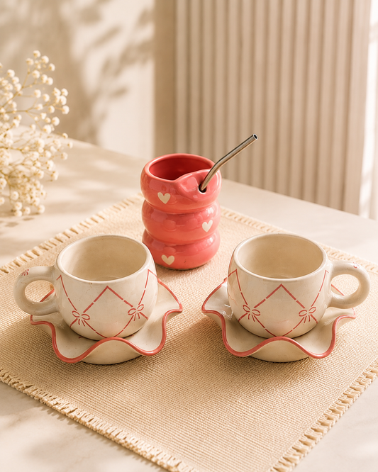 Pink Ribbon Bow Ceramic Cup Set + Light Pink Heart Tumbler