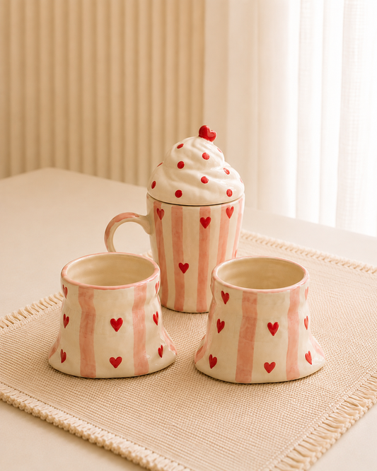 Pink Striped Heart Ceramic Mug Set + Ice Cream Tumbler