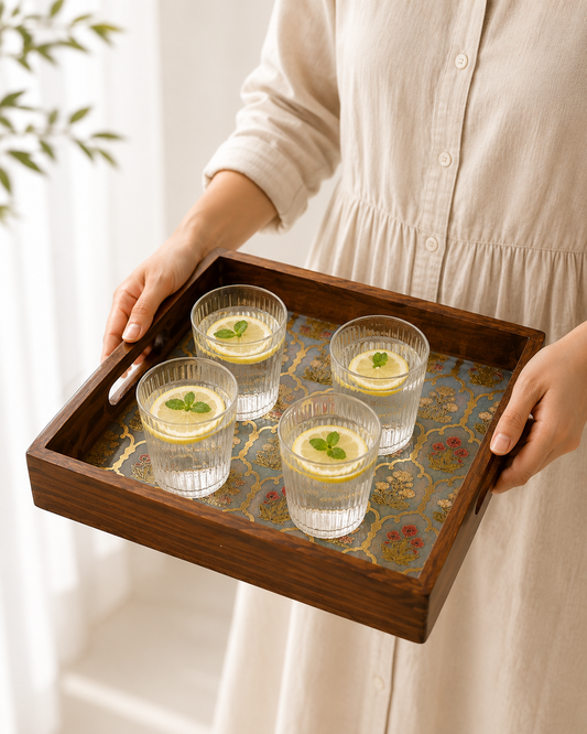 Traditional Floral Wooden Tray Set of 1