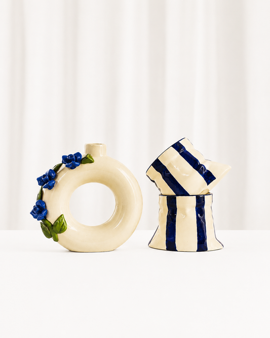 Blue & Cream Slouchy Cups with Ceramic Planter Set