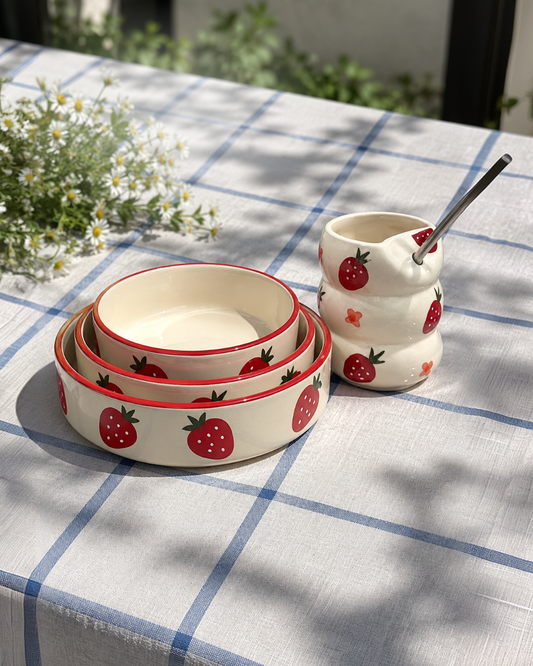 Strawberry Bliss Ceramic Bowl Set of 3 + Strawberry Tumbler