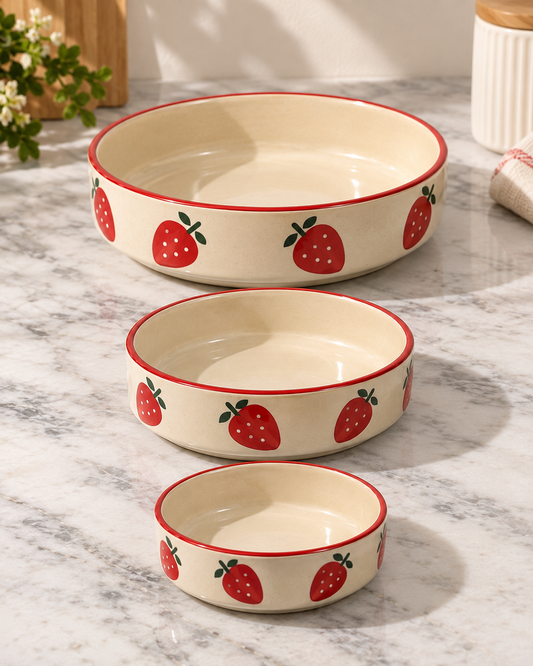 Strawberry Bliss Ceramic Bowl Set of 3 + Strawberry Tumbler