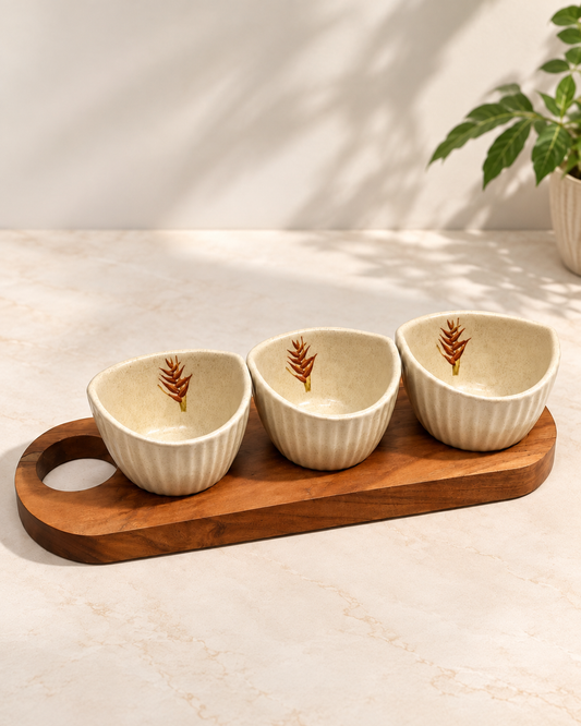 Ceramic Dip Bowl Set of 3 with Wooden Tray
