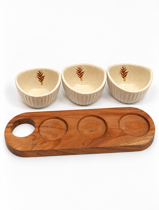 Ceramic Dip Bowl Set of 3 with Wooden Tray