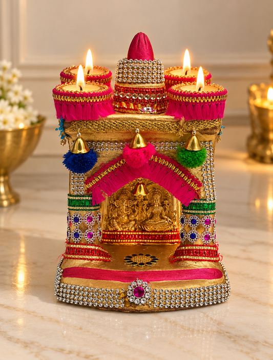 Handcrafted Terracotta Mandir with Decorative Diyas