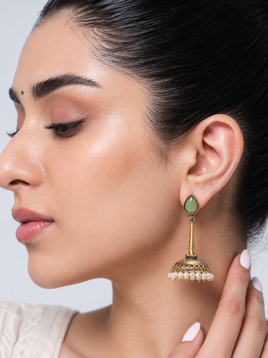 Green Stone Pearl Jhumka Earrings