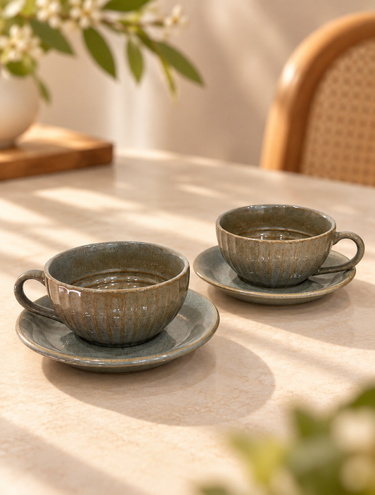 Earthy Sage Green Tea Cup & Saucer Set of 2